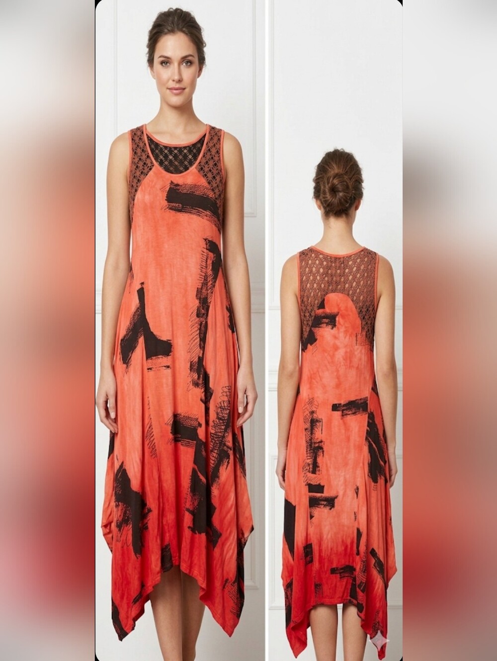 Sleeveless Coral & Black Brushstroke Maxi Dress with Lace Yoke